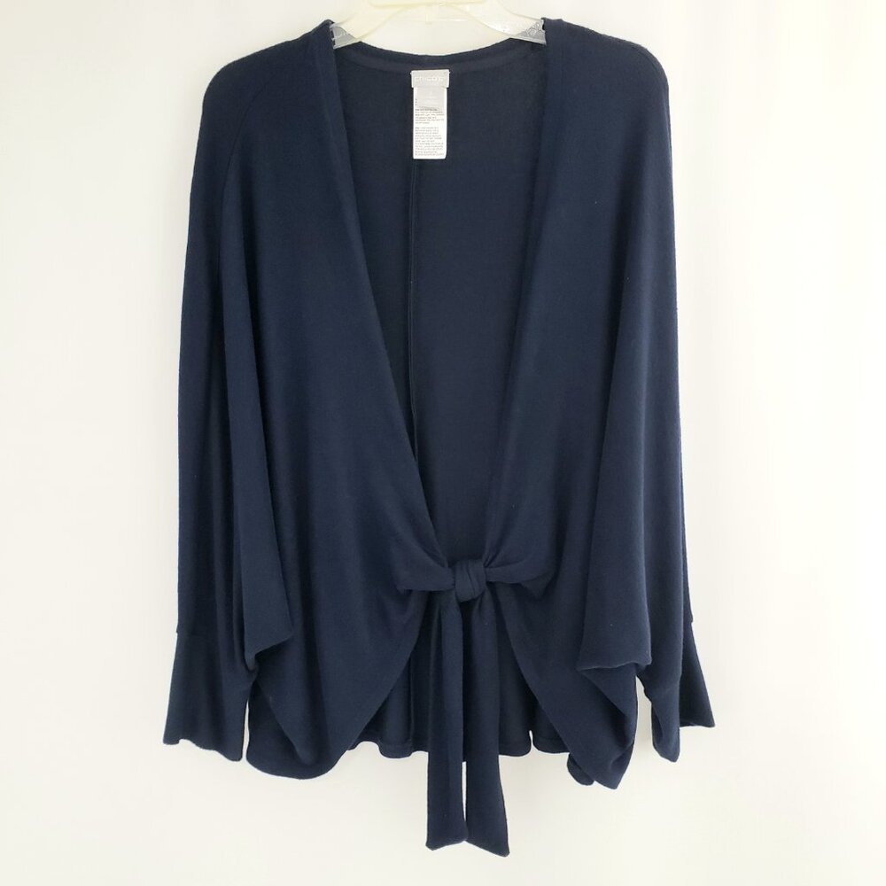 Chicos Tie-Front Cardigan Size LARGE Dark Blue Batwing Sleeve Soft Rayon Blend